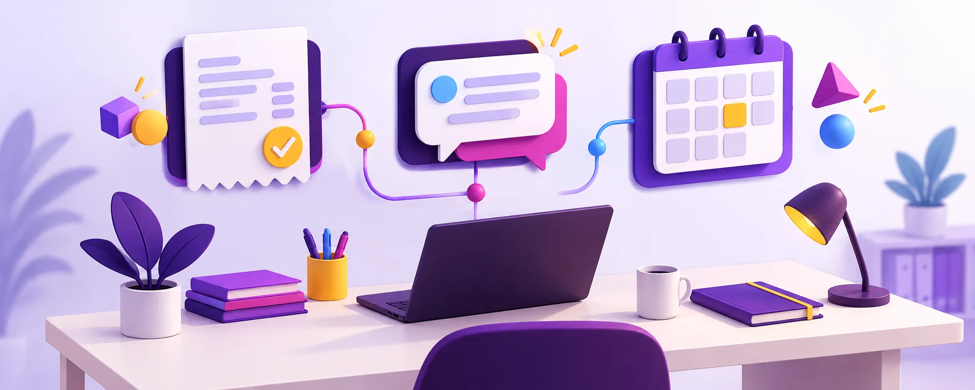 Illustration of an invoice, support message, and calendar above a small business desk