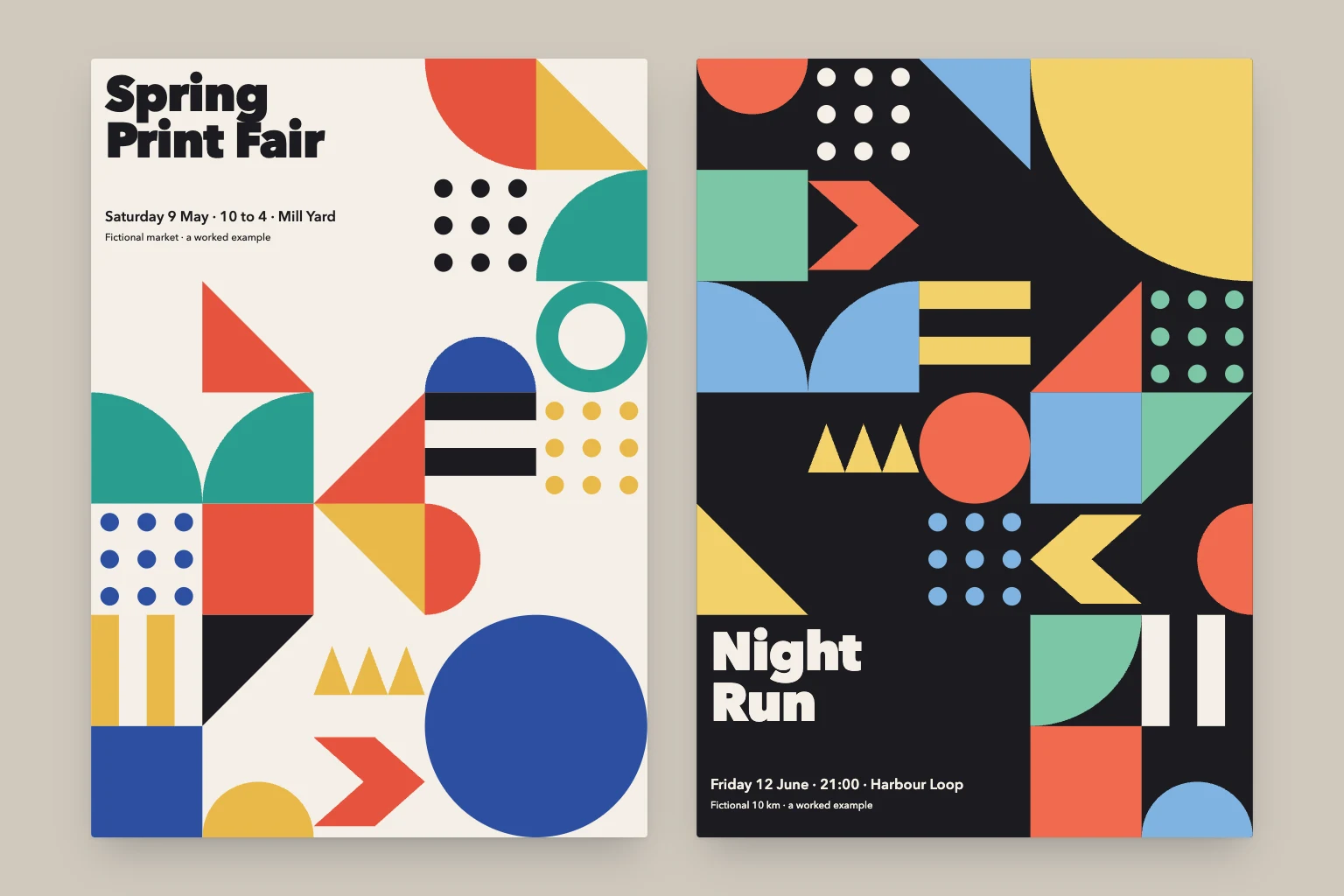 Two posters in a flat geometric grid style on a stone background. On the left, a cream poster for a fictional Spring Print Fair: the title in heavy black type at the top left, a large cobalt circle at the bottom right, and cells of mustard, vermilion and teal half squares, quarter circles, dot grids, a triangle row and stripes between them. On the right, a near-black poster for a fictional Night Run: a large sand quarter circle at the top right, the title at the bottom left in cream, and coral, sky blue and mint shapes with dot grids and chevrons.